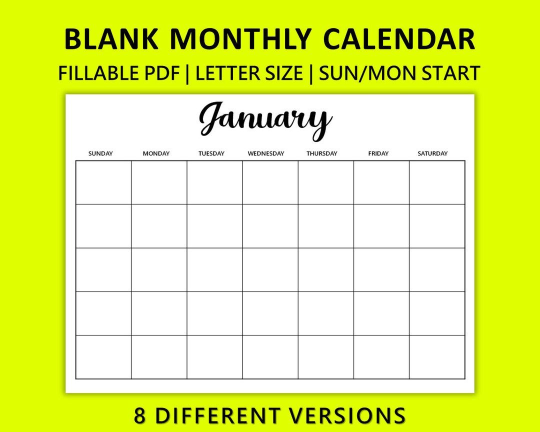 Monthly Calendar Template, Monthly Blank Calendar, Monthly Planner ...