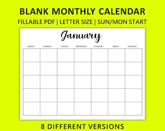 Monthly Calendar Template, Monthly Blank Calendar, Monthly Planner Template, Printable Calendar, Editable Calendar Template, Desk Calendar
