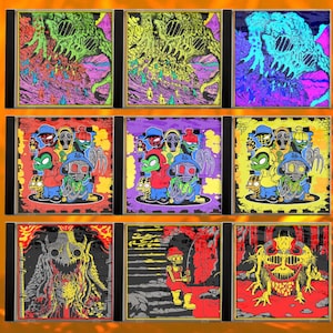 May include: Nine CD cases with vibrant, psychedelic artwork. The designs feature various monsters, creatures, and abstract scenes in a range of colours including green, purple, yellow, and red. The cases are in black CD jewel boxes.