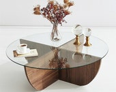 Large Unbreakable Glass Coffee Table,Round End Table,Low Center Table,Vintage Decorative Wooden Base Tempered Glass Top Modern Side Table