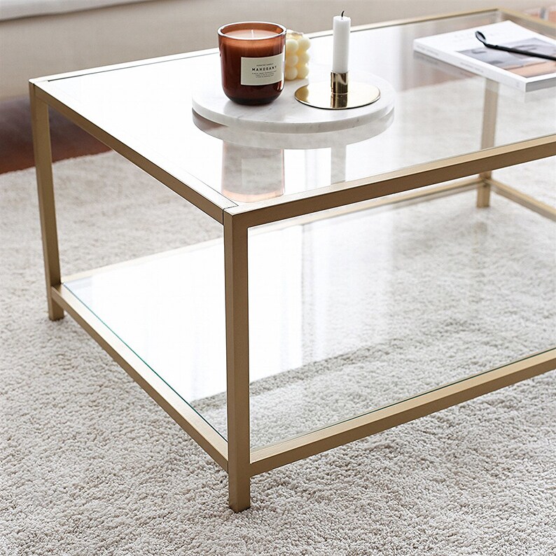 Unbreakable Glass Coffee Table With Storagemodern Gold Metal Etsy