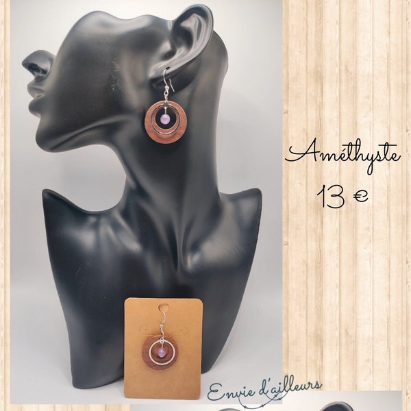 Boucles d'oreille bois et pierre naturelle