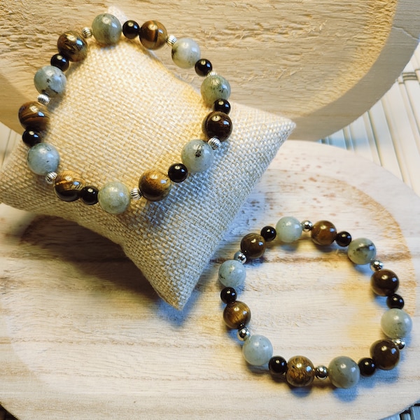 Bracelet Triple protection en Labradorite + Obsidienne noire + Oeil de tigre