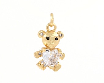 Cute Bear Pendant,18K Gold Plush Bear Pendant, Micropavé CZ Animal Pendant, Crystal Bear Necklace,  Round DIY Jewelry Accessories 8x15x3mm