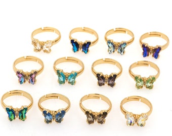 Butterfly ring, stackable ring, adjustable ring, simple ring filled with 24K gold, Micropavé CZ everyday ring, a gift for her 11x8x4mm