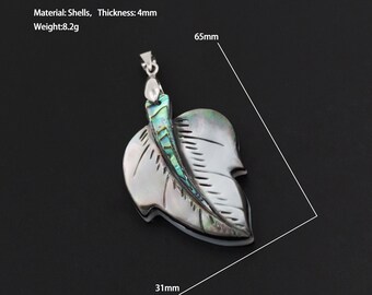 Feather abalone shell necklace, abalone shell white shell pendant, abalone shell pendant, mother of pearl inlaid shell necklace, 65x31x4mm