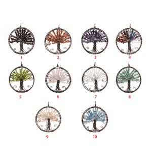 May include: Ten different wire wrapped tree of life pendants with various semi-precious gemstones. Each pendant features a circular design with a tree shape made of wire and adorned with small gemstone beads. The pendants are numbered 1 through 10.