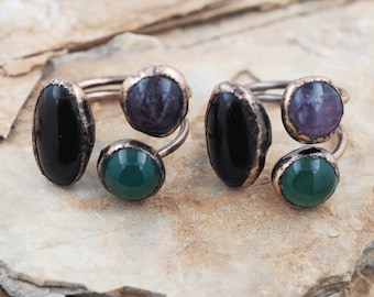 Obsidian rings, natural stone rings, bohemian rings, triple-headed crystal rings, bronze soldered amethyst rings, for DIY production