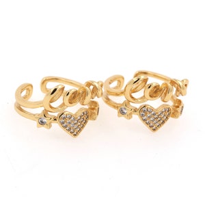 Anel com letra, anel de coração em ouro 24K, anéis ajustáveis com zircônia cúbica micropavé, anéis empilháveis, anéis de destaque, anéis adoráveis, presentes para ela
