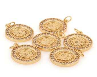Coin Charm, 18K Gold Filled Gold Coin Pendant, Micropavé CZ Religious Pendant,Round Necklace, DIY Jewelry Accessories 17x22x2mm