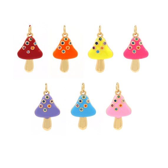 Enamel Mushroom Necklace, Mushroom Pendant, 18k Gold Filled Plant Pendant, Micropavé CZ Mushroom Pendant, DIY Jewelry Accessory 29x16x4.5mm