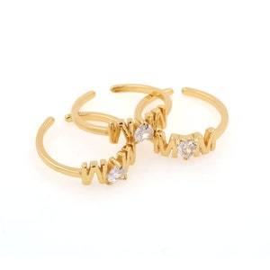 Anillo con letra "MOM", ajustable, con corazón bañado en oro de 24 k, con micropavé de circonitas cúbicas, llamativo, abierto, regalo para ella