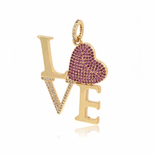 Colar de amor, pingente de coração, pingente de letra, pingente de coração preenchido em ouro 18k, colar de amor com zircônia cúbica micropavé, acessórios de joalheria faça você mesmo 43x30x3 mm