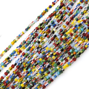 3 strands,  vertical striped colored glass beads, colored glass African Christmas beads, flat round seed beads (3-5 mm)