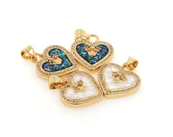 Micropavé CZ Crown Necklace, 18K Gold Filled Heart Pendant, Love Necklace, Dazzling Necklace, DIY Pendant, 25x19x4mm