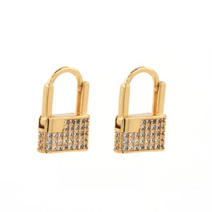 Gold Plated Earrings, Gold Lock Earrings, 24k Gold Filled Creative Earrings,Micropavé CZ Pierced Earrings,Lock Earrings,Gift for Her, 1 Pair