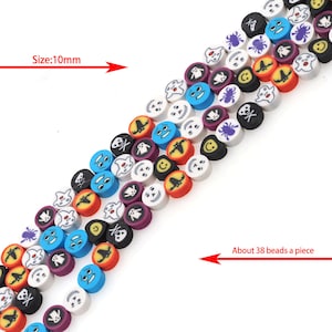 May include: A collection of Halloween-themed beads, each 10mm in diameter, featuring various spooky designs like ghosts, spiders, and skulls. The beads are in multiple colors, including white, black, purple, blue, and orange. Approximately 38 beads per piece.
