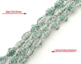 Small fish ceramic beads, antique style glass beads, fish-shaped ceramic beads, necklace making supplies, DIY crafts 15x12mm
