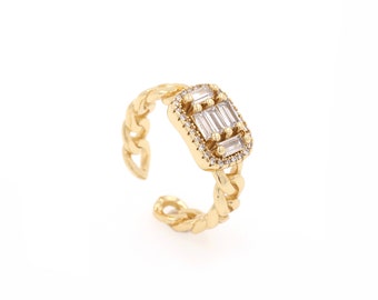 Anillos de cadena, anillos apilables, dijes de diamantes de imitación rellenos de oro de 24 k, anillos de cadena con circonita cúbica micropavé, anillos llamativos, anillos abiertos chapados en oro, regalos para ella