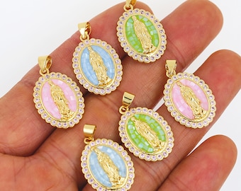 Ladies Guadalupe Charm in Shell Enamel, 24k Gold Filled Micropavé CZ Virgin Mary Charm, Virgin Mary Charm for DIY Jewelry Making, 27x16mm