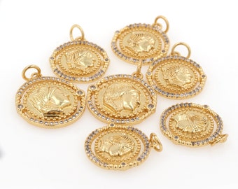 Micropavé CZ Cubic Zircon Round Coin Pendant, 18K Gold Filled Coin Pendant, Coin Face Necklace, DIY Jewelry Accessory 18x24x3mm