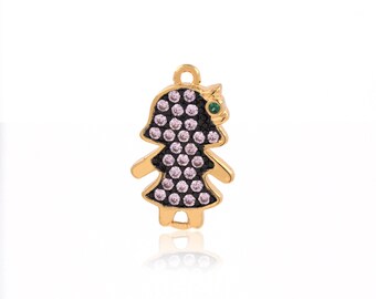 May include: Gold-tone charm featuring a girl silhouette with pink and black accents and a green gemstone eye.