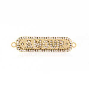 Conector de letras, conector de barras, conector de letras com preenchimento de ouro 24K, conector de colar com zircônia cúbica micropavé, acessório de joalheria faça você mesmo 33 x 7,5 x 2 mm