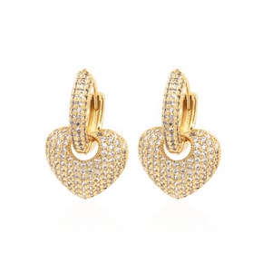 Stunning Heart Climbing Earrings, 18K Filled Heart Hoops, Micropavé Square Crystal Zirconia Earrings, A Gift for Her, 25x15x4mm