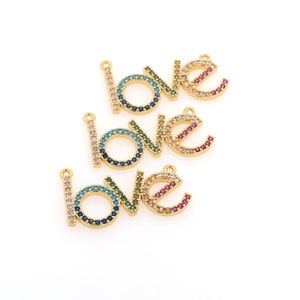 Pingente LOVE, colar com letras, colar com pulseira e pingente de ouro 24K, acessório Love em micropavé CZ, acessório de joalheria faça você mesmo 25x14x2mm