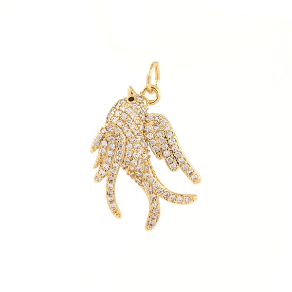 Bird Pendant, 18K Gold Stuffed Bird Charm, Micropavé CZ Animal Pendant, Flying Bird Necklace, DIY Jewelry Accessories 17x23x4mm