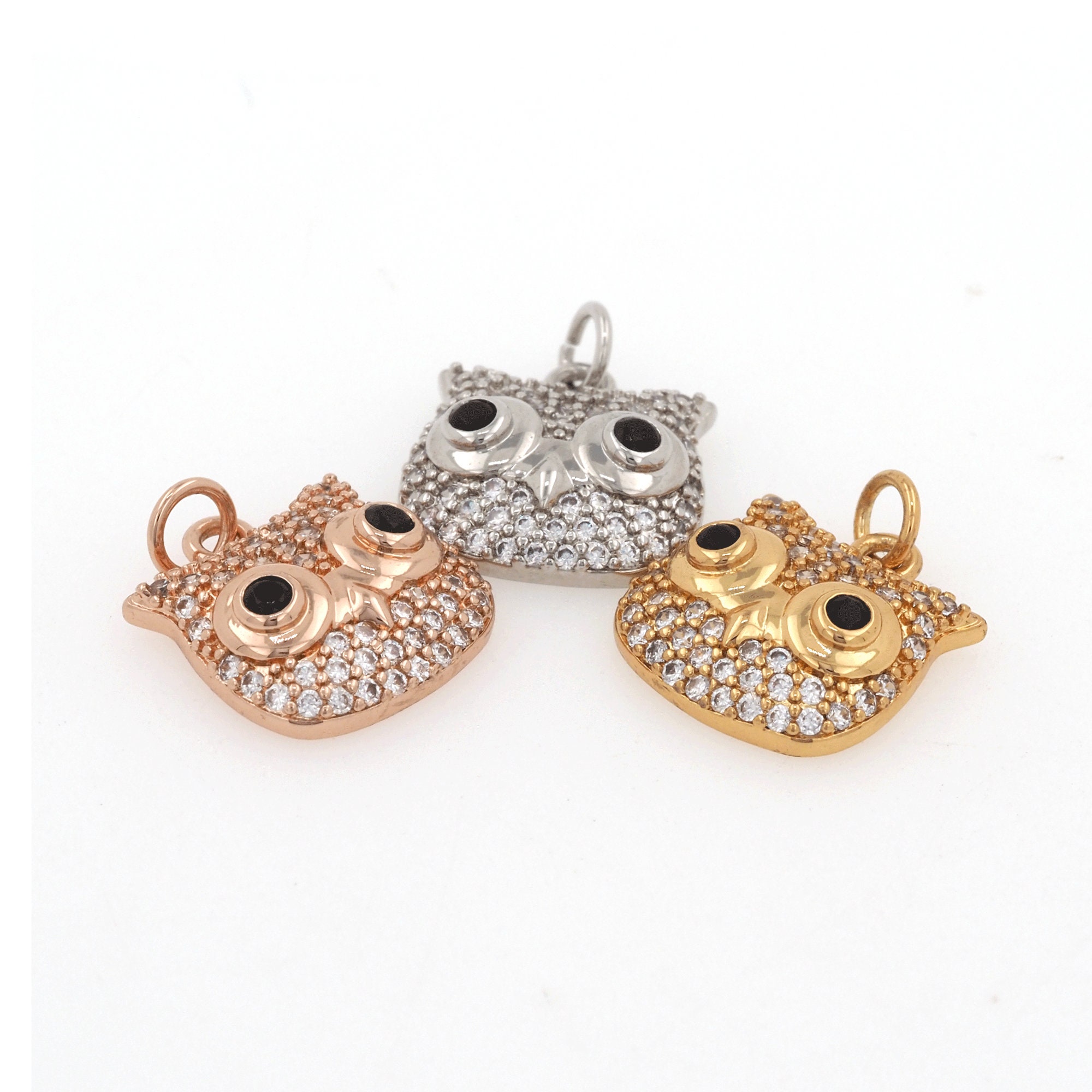 Owl Pendant, Animal Necklace, 18K Gold Stuffed Owl Pendant, Micropavé CZ Owl Pendant, DIY Jew