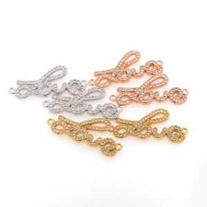 Conector de amor, conector de colar, conector de pulseira com preenchimento de ouro 24K, conector de letra CZ micropavé, acessórios de joalheria faça você mesmo 29x13x2 mm