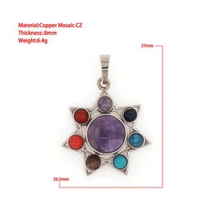 May include: A silver star-shaped pendant with a purple amethyst stone in the center and six smaller stones in different colors around it. The pendant is 3.7 cm tall and 2.6 cm wide. Material: Copper Mosaic CZ. Thickness: 8 mm. Weight: 6.4 g.
