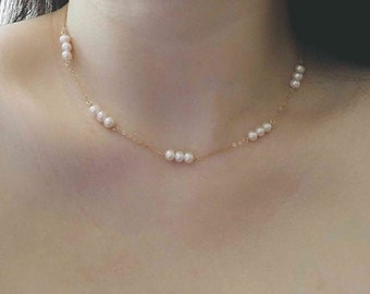 Freshwater pearl necklace, pearl necklace, gold chain necklace, gold filled, pearl choker, pearl jewellery, wedding necklace, white pearl