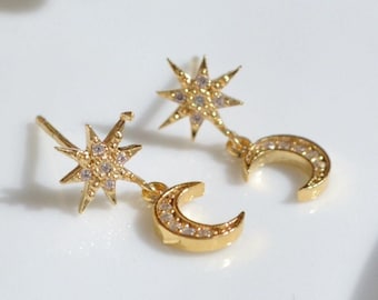 Dainty Star Moon Stud Earrings: 14k Gold Plated Celestial Jewelry