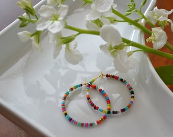 best seller design multicolored beaded hoop earrings, seed bead hoops