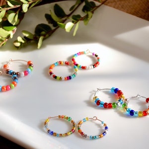 small multicolored mini beaded hoop earrings, seed bead hoops