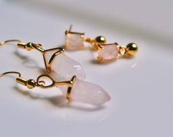 Rose Quartz Pointed Crystal Earrings: 14k Gold Gemstone Jewelry