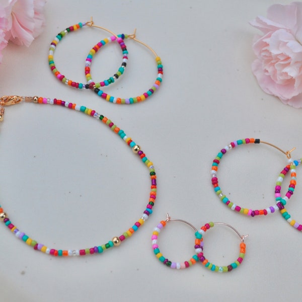 colorful beaded hoop earrings, seed bead earrings