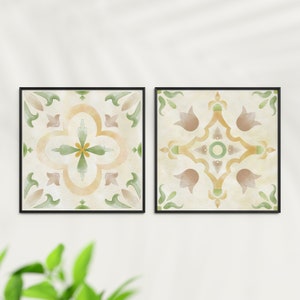 Two Piece Wall Art Of Digital Watercolor Tile Art, Olive And Beige Terracotta Print Set, Printable Posters