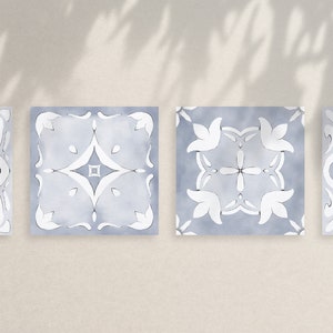Mediterranean Blue Tile Print Wall Art Watercolor Geometric Squares Printable 4 Piece Tile Art