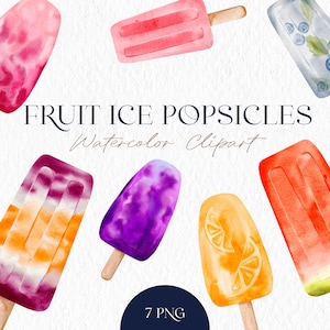Set aus 7 Aquarell Eis am Stiel Illustrationen – Orange, Blaubeere, Wassermelone, Himbeere – Digital Art für Prints, Schreibwaren