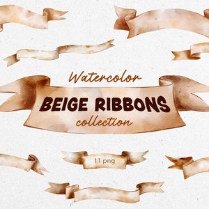 Watercolor Beige Ribbons Collection Clipart, png instant download for card making