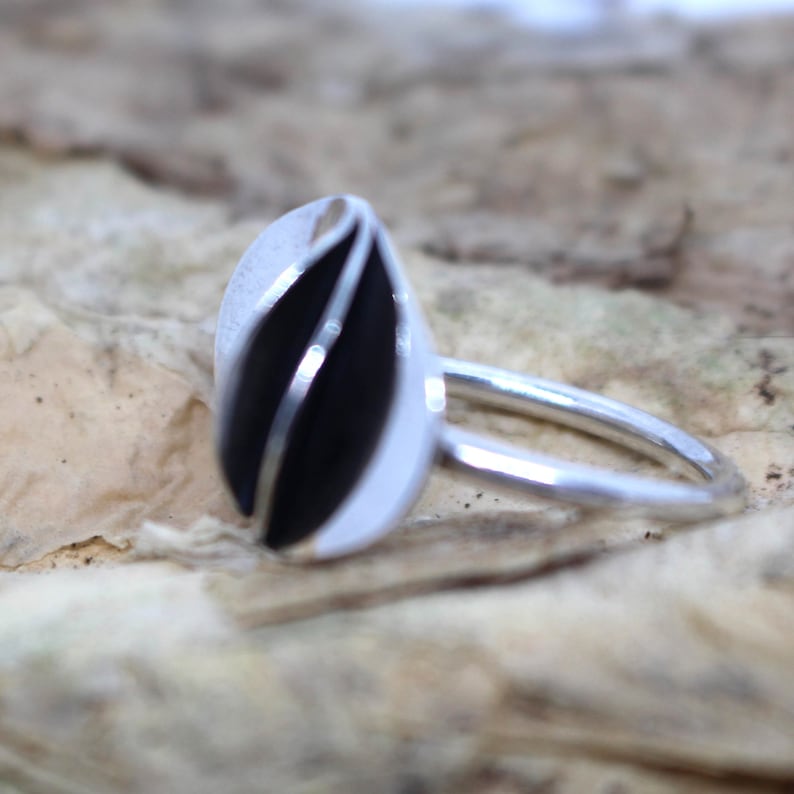 K&ouml;nnte beinhalten: Ein silberner Ring mit einem schwarzen, ovalen Stein, der in eine silberne Band gefasst ist. Der Stein hat ein Spiralmuster.