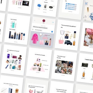 May include: A collection of digital social media graphics featuring various lifestyle collages, text-based memes, product groupings, and humorous captions arranged in a grid layout on a white background, showcasing diverse consumer goods and daily life themes.