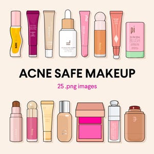 Peut inclure: Illustration de divers produits de maquillage anti-acné, notamment des sérums, des gloss, du blush et du fond de teint. L'image présente une variété de contenants cosmétiques dans des tons de rose, beige et jaune. Le texte "ACNE SAFE MAKEUP" est affiché en évidence.