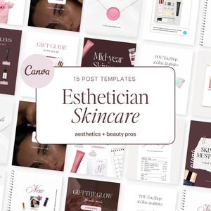 May include: A collection of social media templates for estheticians and skincare professionals. The templates feature a variety of designs with text such as "Esthetician Skincare" and "Gift Guide". The color palette includes white, pink, and burgundy.