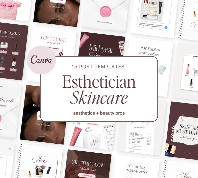 May include: A collection of social media templates for estheticians and skincare professionals. The templates feature a variety of designs with text such as "Esthetician Skincare" and "Gift Guide". The color palette includes white, pink, and burgundy.