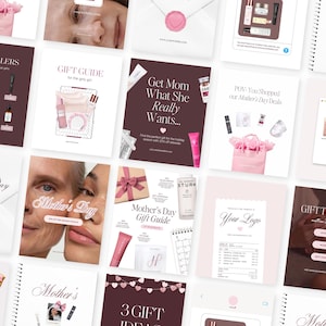 May include: A selection of promotional materials with a Mother's Day theme. The images include gift guides, product displays, and marketing materials in shades of pink and white. Some feature text like "Gift Guide" and "Mother's Day Deals".