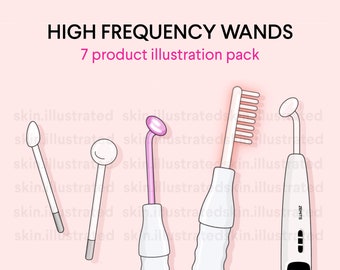 May include: Seven high frequency wands for skincare. The wands are white with different colored tips, including pink, purple, and silver. One wand has a comb-like tip. The wands are on a pink background.